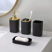 10 piezas Juego de accesorios de baño - Incluye soporte para cepillo de dientes, vaso para enjuague bucal, dispensador de jabón, bandeja, jabonera, dispensador de jabón, papelera de tipo prensa y soporte para cepillo de baño - Material de plástico duradero, perfecto para la decoración del baño moderno, construcción de plástico, juego de baño de hotel, regalo de inauguración de la casa