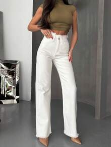 Jeans rectos de pierna ancha con acabado crudo para uso diario de verano para mujer