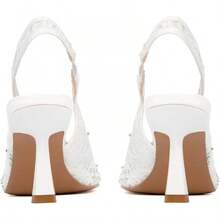 Slingback Wedding Heels For Women Bridal Lace Mesh Kitten Heel Closed Pointed Toe Pearl Pumps Shoeshalloween - White Lace - View 11