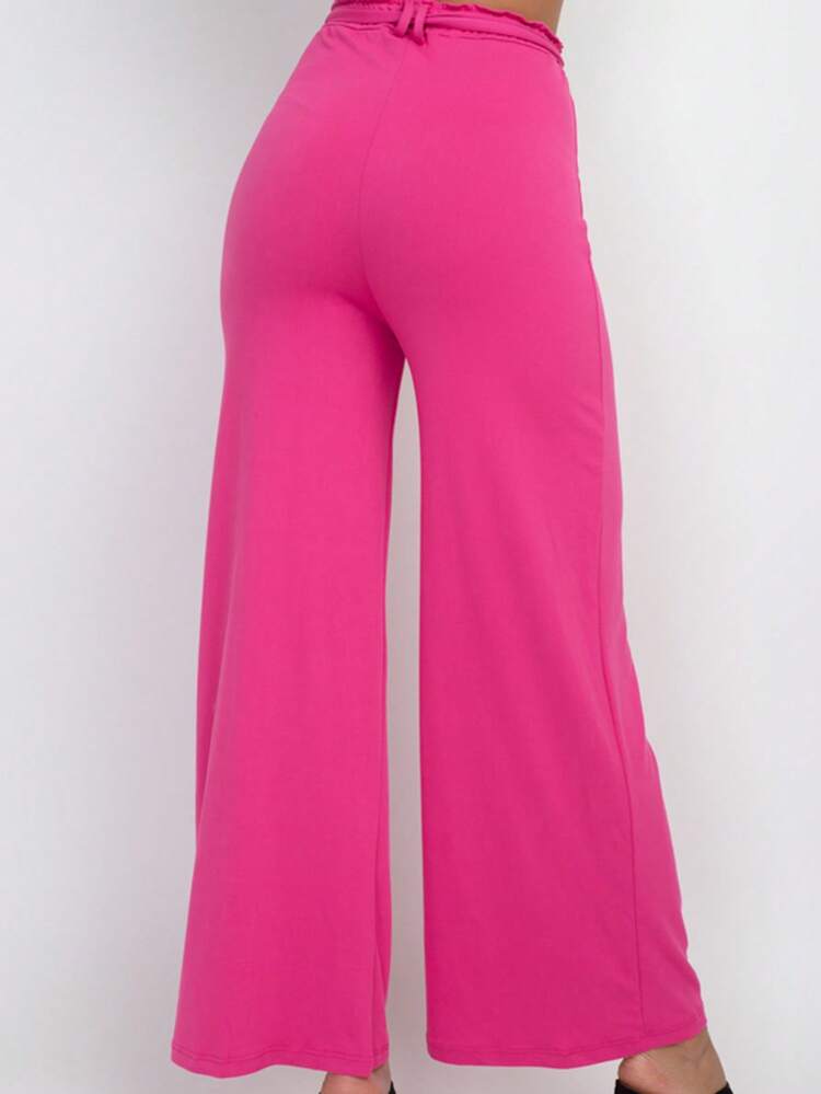 Pantalones anchos básicos informales de color liso con lazo para mujer, primavera, verano y otoño - Fucsia - Añade 5