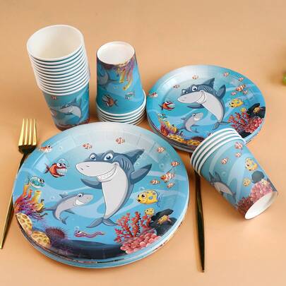 60pcs/Set Cartoon Shark Design Disposable Tableware Set, 9-Inch & 7-Inch Paper Plates, Dessert Plates, Cups For Birthday Party, Wedding, Family GatFriendly