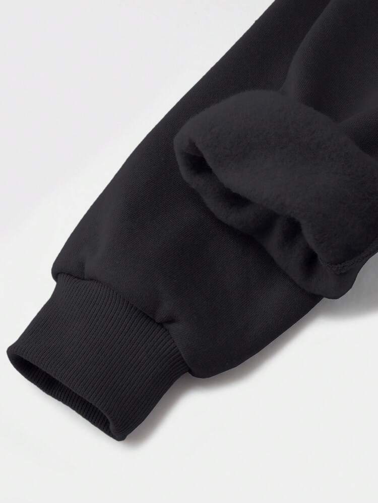 女童黑色纯棉落肩卫衣，可爱印花，宽松休闲卫衣，厚实面料圆领卫衣，适合秋冬季节，舒适长袖儿童卫衣，加衬里。 - 黑色 - 查看 6