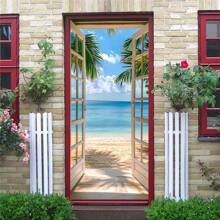 1/2pcs Blue Sky & Seascape Door Decal - Removable Self-Adhesive Tropical Beach Mural With Palm Trees & Ocean View, High-Quality Paper Suitable For Doors & Windows, Easy To Apply Home Decor, Plastic Surface Sticker Wall Stickers Wall Sticker Stickers Room Decor