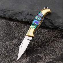 Mini Shell Folding Knife - Iridescent Mother-Of-Pearl Blade, Portable Keychain,Design,Ambidextrous Outdoor Survival, Ambidextrous,  Mini Utility Knife, Camping Essentials, Abalone Inlay Handle, Durable Blade. Men'S Knife Gift - 貝殼白銅頭迷你刀 - 查看 2