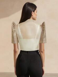 现代菲律宾风格欧根纱女士短袖时尚优雅立领外套 - 香檳色 - 查看 2