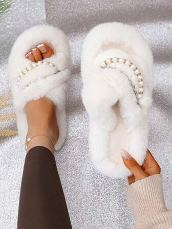 Women's White Pearl Criss-Cross Fluffy Slippers, Fashionable Furry Cotton House Slippers, Fairy Style For Autumn/Winter