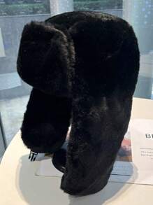 1pc Unisex Winter Warm Trapper Hat, Outdoor Rabbit Fur Fashion Casual Earmuff Hat, Windproof Cycling Cap, Black Brimless Beanie Winter Outfits Fall