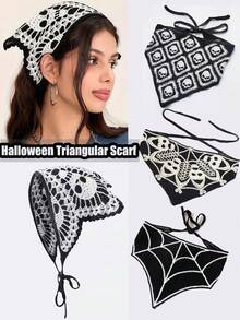 1 peça de acessório de cabelo de crochê em teia de aranha gótica - tiaras de renda preta com laço de fita, cachecol triangular, lenço de cabeça e chapéu. Cachecol triangular, lenço de cabeça e chapéu, perfeito para Halloween e moda gótica, decoração de cabelo de Halloween | Design de caveira | Textura - Multicolorido - Ver 9