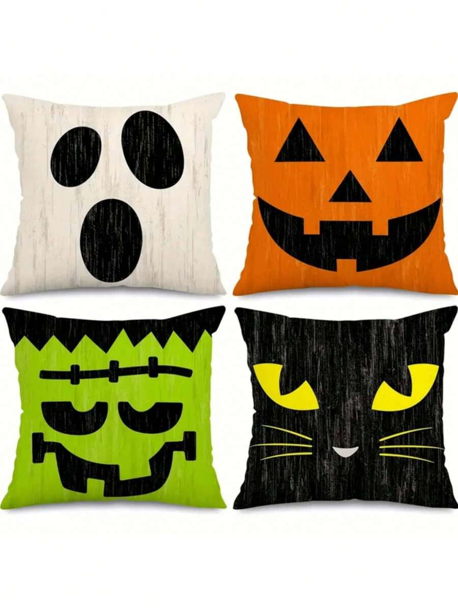 4 Peças Capas de Almofada de Halloween - 45 x 45 cm Capa de Almofada Retro com Expressões de Personagens de Halloween - Capa de Almofada Rústica Colorida de Halloween para Decoração de Casa, Sofá, Presente de Aniversário, Formatura, Decoração de Outono, Decoração de Quarto