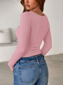 Women Spring And Fall Long Sleeve Shirts Ribbed Crewneck Fitted Basic Tee Going Out Tops Casual Workout Vacation Outfits - 粉色 - 查看 2