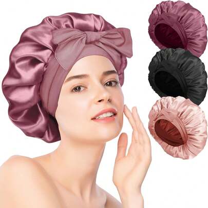 Gorro de Seda para Dormir 3 Piezas, Gorro Dormir Seda Ajustable, Reutilizable y Cómodo, Gorro de Satin para Dormir Cabello Rizado, Largo y Grueso, Ideal para Dormir, Ducha y Belleza