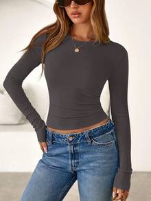 Women Spring And Fall Long Sleeve Shirts Ribbed Crewneck Fitted Basic Tee Going Out Tops Casual Workout Vacation Outfits - 深灰色 - 查看 4