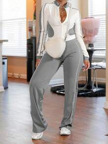 2pcs Solid Color Casual Zipper Pocket Patchwork Pants Set