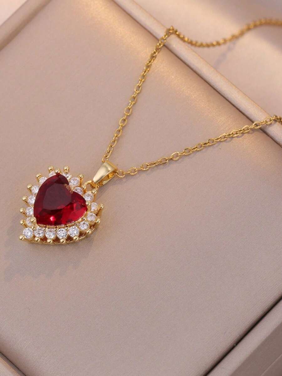1 pezzo Collana elegante da donna con ciondolo a forma di cuore rosso, catena in acciaio inossidabile dorato, adatta per San Valentino, Festa della Mamma e compleanni - Rosso - Visualizzare 1