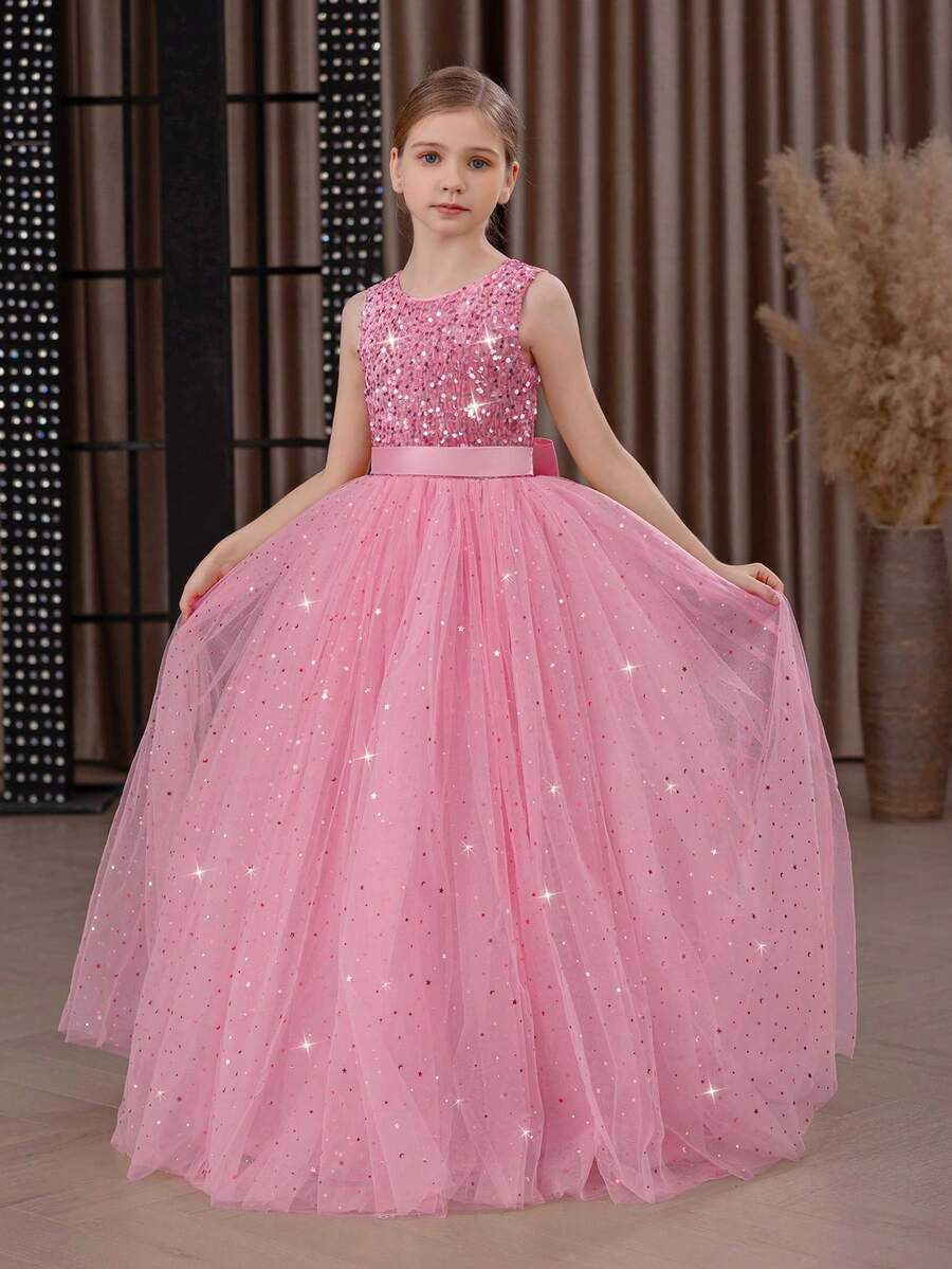 Tween Girl Sequin 3D Bow Tulle Christmas Party Pink Elegant Dress, Princess Dress Suitable For Girls Dresses Birthday Party, Teenage Prom, Flower Girl Wedding, Thanksgiving, Graduation - Pink - View 1