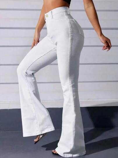 Jeans Para Mujer - Pantalones Vaqueros Blancos De Campana, Moda Casual