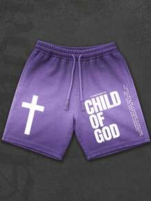 Men's Graphic Washed Shorts, Vintage Letter Print Casual Cotton Drawstring Shorts - Purple - View 1