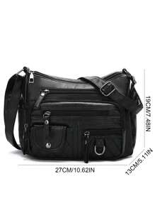 柔软多拉链口袋单肩包防水复古 PU 皮革斜挎包可调节肩带纯色 - 黑色 - 查看 4