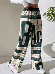 Pantaloni sport casual pentru femei, cu imprimeuri cu litere, dungi colorate, șnur de strângere și design cu picior drept. - Verde - Vizualizare 6