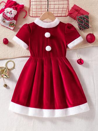 Vestido de felpa para niñas en Navidad, de manga corta con cuello esponjoso, decoración con botones lindos, esencial para fiestas navideñas. La tela de felpa se ve exquisita, manga corta + cuello esponjoso, botones blancos que hacen eco de los elementos navideños. Silueta de vestido lindo, adecuado para galas navideñas, sesiones de fotos de vacaciones para padres e hijos, las niñas pueden usar para eventos temáticos de Navidad, otoño/invierno.