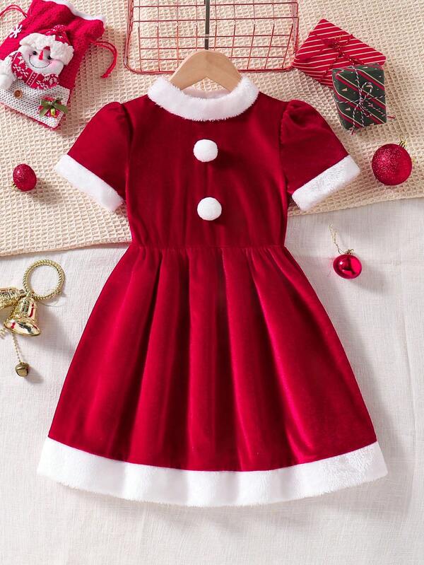Girls Christmas Plush Dress, Short Sleeve Fluffy Collar, Cute Button Decor, Essential For Christmas Party. Plush Fabric Looks Exquisite, Short Sleeve + Fluffy Collar, White Buttons Echoing Christmas Elements. Cute Dress Silhouette, Suitable For Christmas Gala, Parent-Child Holiday Photo Shoot, Young Girl Can Wear To Christmas Themed Events, Autumn/Winter.
