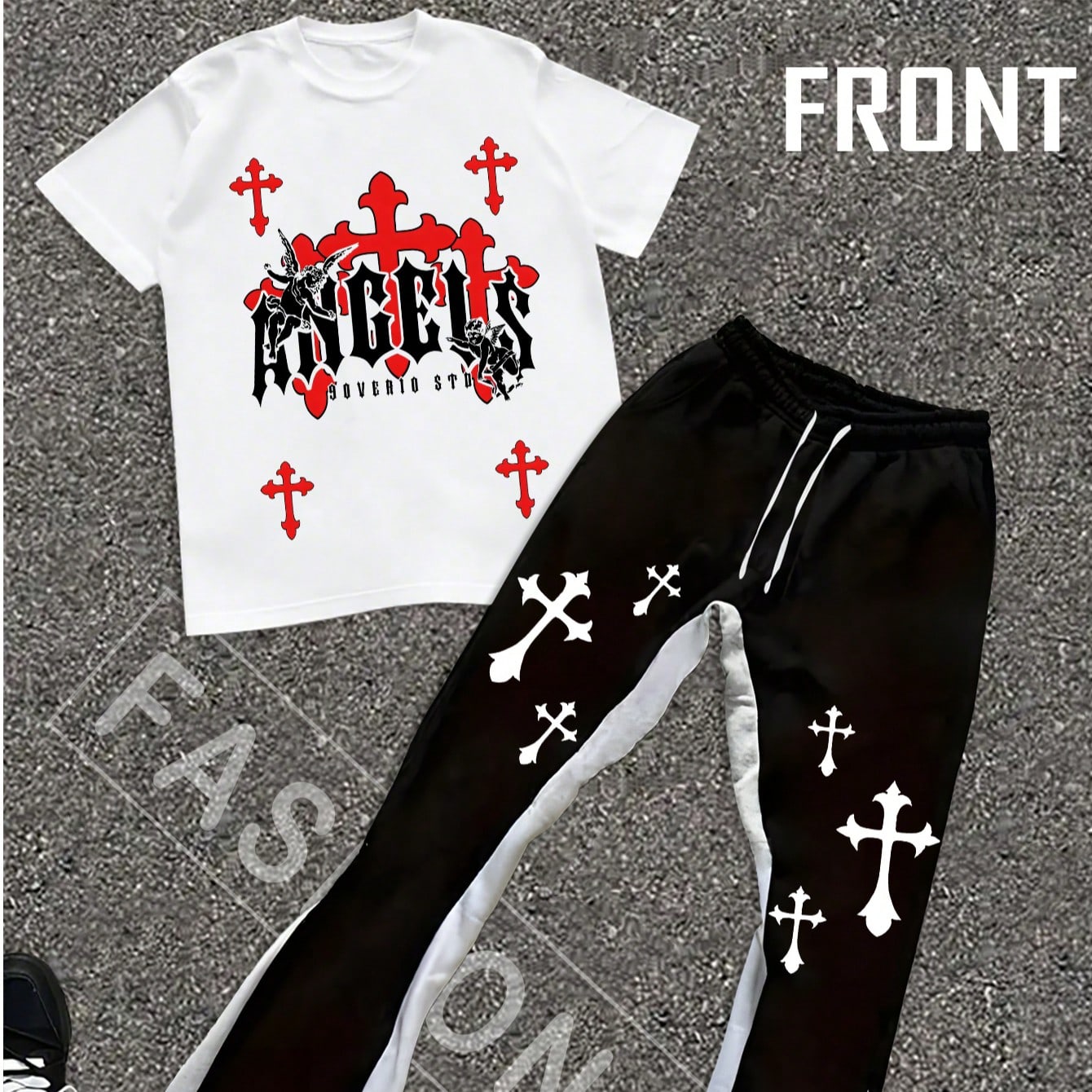 “ANGELS” Cross Pattern Element Printed Men’s Suit, Pure Cotton Short-Sleeved T-Shirt, Polyester Fabric Drawstring Design Sweatpants, The Overall Style Is Personalized And Fashionable, Meeting The Needs Of Daily Wear. “ANGELS” Cross Pattern Element Printed Men’s Suit, Pure Cotton Short-Sleeved T-Shirt, Polyester Fabric Drawstring Design Sweatpants, The Overall Style Is Personalized And Fashionable, Meeting The Needs Of Daily Wear.