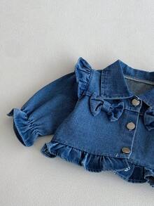 1pc Girls Denim Jacket, Spring/Autumn, Ruffled Collar, Bow Decor, Short Stylish Cropped Denim Top - 藍色 - 查看 6
