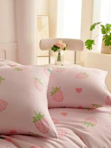 2/3件套柔粉色草莓图案床上用品套装，甜美可爱学生风，适合学生、男生女生宿舍装饰，包含被套和枕套，春夏款，提供单人床、双人床、大号双人床尺寸。 - 粉色 - 查看 6