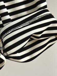 秋季少女休闲针织面料长袖蝴蝶结上衣和条纹长裤两件套 - 黑色 - 查看 8