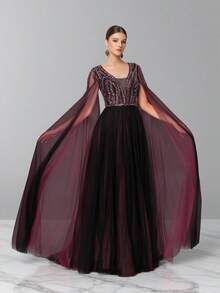 DELLA COUTURE Women's Summer Party Royal Mesh Long-Sleeved Ball Gown Beaded And Appliques Embellished Elegant Fitted Gorgeous Floor-Length Style Ideal For Parties Balls And Other Formal Occasions Long Cocktail Dress Wedding Guest - Black - View 4