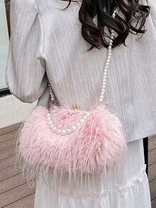 Feather Purse Clutch For Women Ostrich Feather Handbag Shoulder Crossbody Evening Bag Women's  Feather Evening Bag Pearl Handle Kiss Lock Purse Chic Shoulder Crossbody Handbag Party Wedding Cocktail Purses Clutch Vintage Banquet Handbag - 粉色 - 查看 4