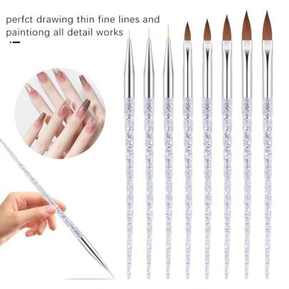 8-Piece Glitter Clear Acrylic Nail Art Brush Set - Professional Liner, Crystal Brushes For Extension, Sculpting & Smooth Powder Application - Odor-Free Tools For Salon & Beginners