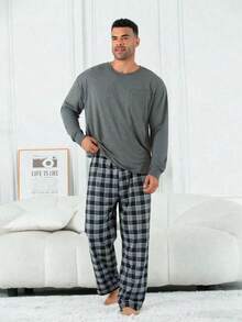 2pcs Men's Plus Size Casual Loose Minimalist Pullover Sweatshirt With Pockets & Plaid Lounge Pants Pajama Set, Suitable For Spring, Autumn, Winter, Valentine's Day Gift