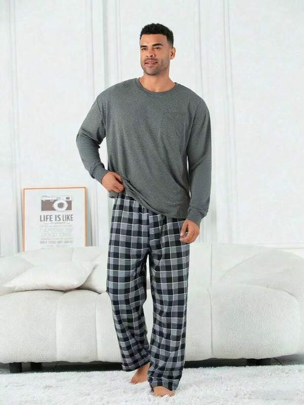 2pcs Men's Plus Size Casual Loose Minimalist Pullover Sweatshirt With Pockets & Plaid Lounge Pants Pajama Set, Suitable For Spring, Autumn, Winter, Valentine's Day Gift