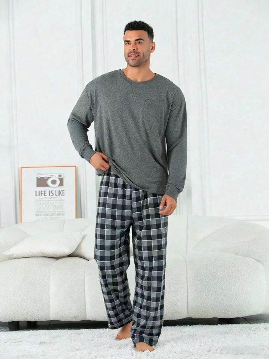 2pcs Men's Plus Size Casual Loose Minimalist Pullover Sweatshirt With Pockets & Plaid Lounge Pants Pajama Set, Suitable For Spring, Autumn, Winter, Valentine's Day Gift