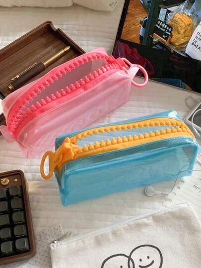 1pc Creative Colorful Zipper Pencil Case, Waterproof Material Large Capacity Transparent PVC Student Office Supplies Organizer, Dopamine Design For School Or Work