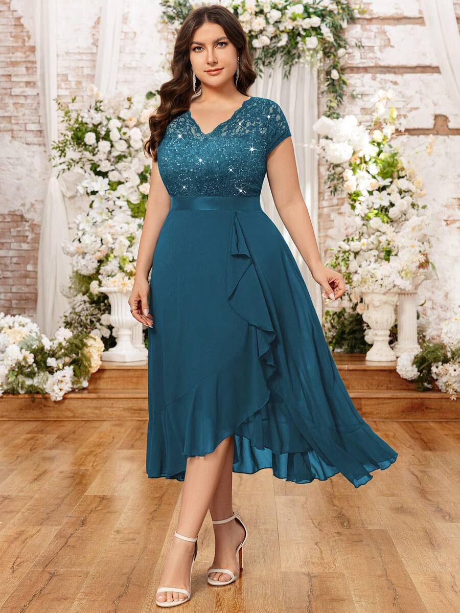 Plus V Neck Sequin Lace Bodice Ruffle Split Thigh Chiffon Evening Party Long Dress, Elegant Wedding Guest Dress, For Birthday, Graduation, Homecoming - Dusty Blue - View 1