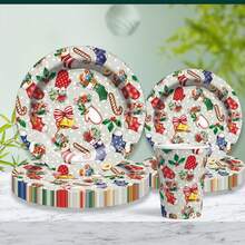 Juego de 60 piezas de vajilla con temática navideña, suministros para fiesta de Navidad feliz, platos de papel de 9"/7", vasos para bebidas, tazas de café y servilletas - Multicolor - Ver 4