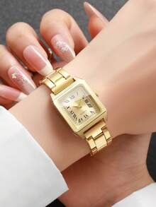 1pc Women's Fashion Casual Square Roman Numeral Dial Quartz Wrist Watch, Stainless Steel Band, Stylish & Elegant (1pc/Set), Watch Box Not Included - Gold - View 2