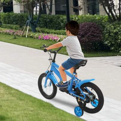 Modern 14Inch Children's Bicycle Children's Learning Bicycle ‎Kids Exercise Bike With Auxiliary Wheels (Blue, Black)