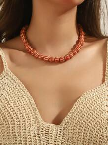 1pc Boho Style Round Geometric Ceramic Pumpkin Bead Handmade Beaded Necklace With Stainless Steel Chain & Lobster Clasp, Gift For Women, Suitable For Daily Wear And Holidays