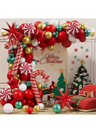 147 件圣诞气球花环套装，红色、白色、金色、绿色气球 DIY 气球套件，适用于圣诞派对装饰、课堂庆祝、生日派对背景、家庭聚会