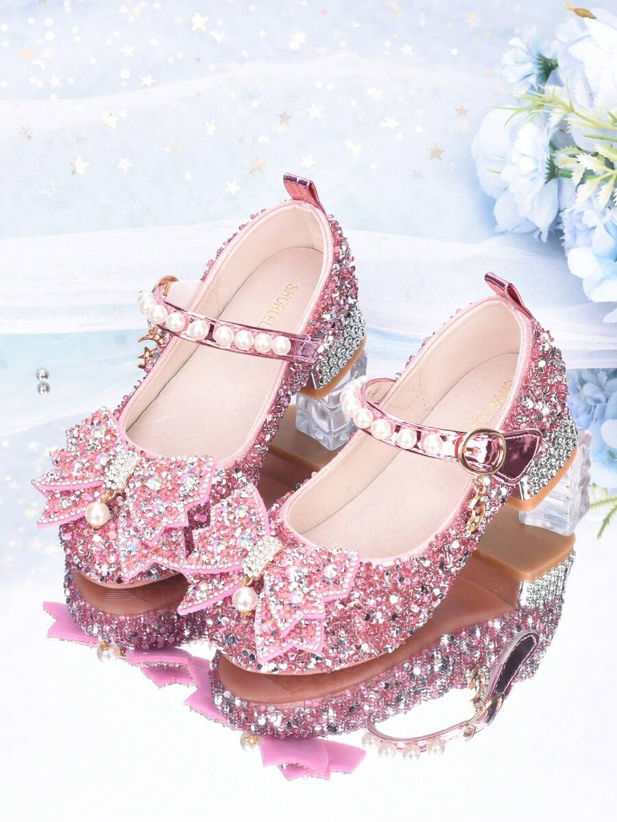 Zapatos de princesa para niñas, bailarinas de moda versátiles para niños, zapatos de pasarela de color plateado para actuaciones, zapatos de tacón alto con decoración de lazo para niñas pequeñas, zapatos brillantes con cristales - Rosa - Ver 1