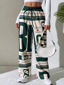 Pantaloni sport casual pentru femei, cu imprimeuri cu litere, dungi colorate, șnur de strângere și design cu picior drept. - Verde - Vizualizare 2