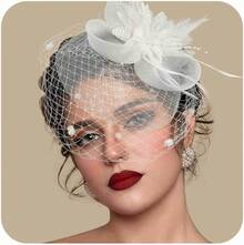 Fascinators Hats Women Tea Party Hat Mesh Headband Vintage Lace Cocktail Headwear Hair Clip Church - 白色 - 查看 1