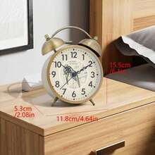 1 件复古风格创意时钟，双铃闹钟，电镀金属工艺，数字台钟，适合家庭卧室客厅装饰（不含电池） - 金色 - 查看 3