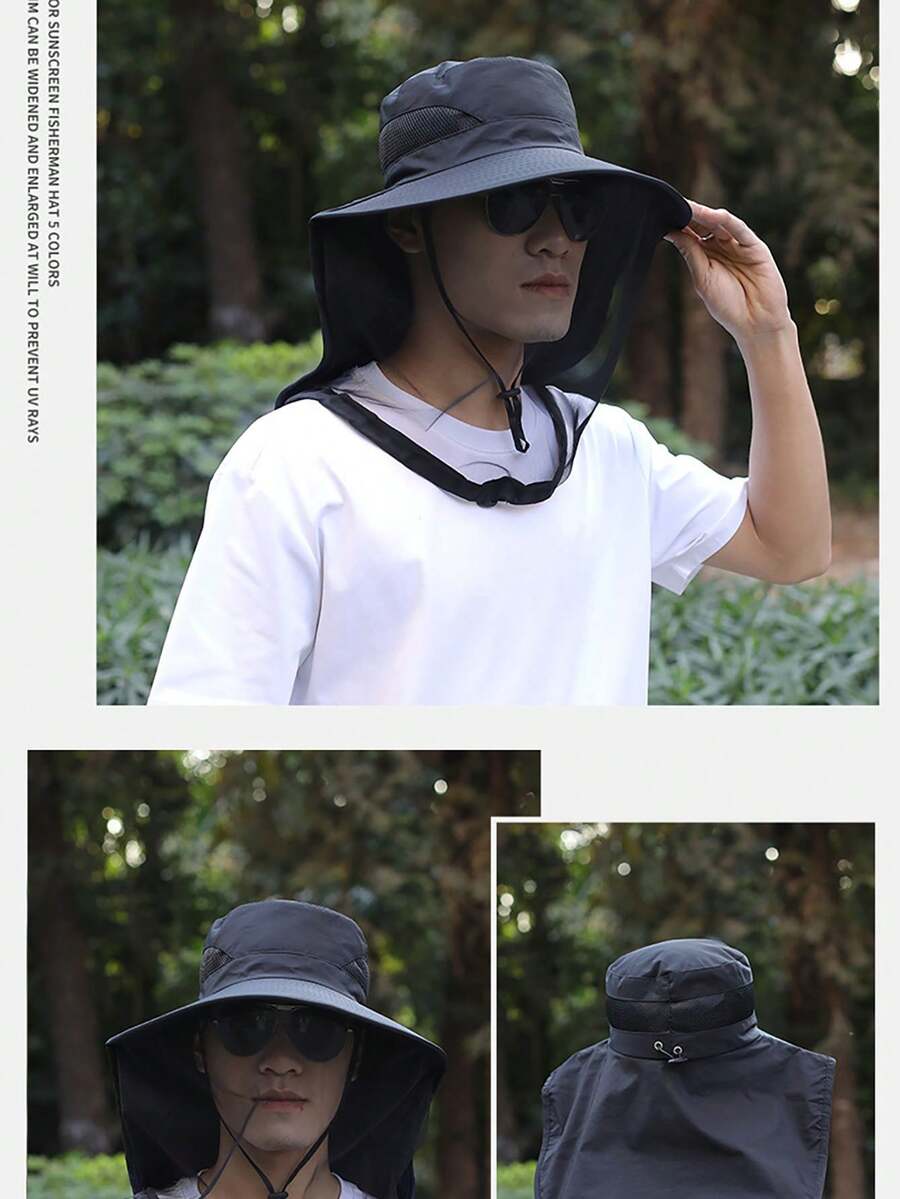 1pc Sun Hat With Anti-Mosquito Net Mesh Face Cover, Unisex Outdoor Fishing, Hiking, Sun Protection Wide Brim Breathable Net Mask Hat
