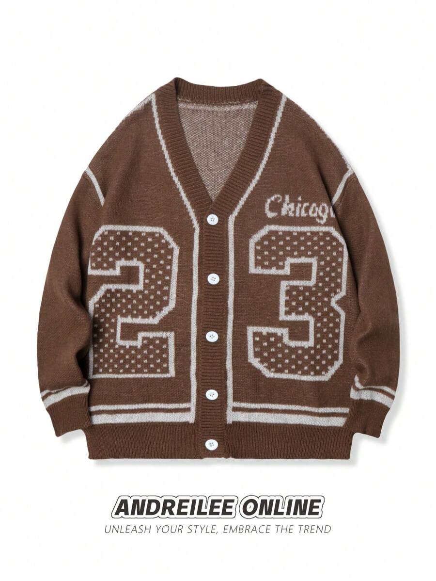 Cardigan vintage alla moda con scollo a V, stile college americano, con motivo jacquard numerico, maniche lunghe, bottoni, per uomo, adatto per autunno/inverno