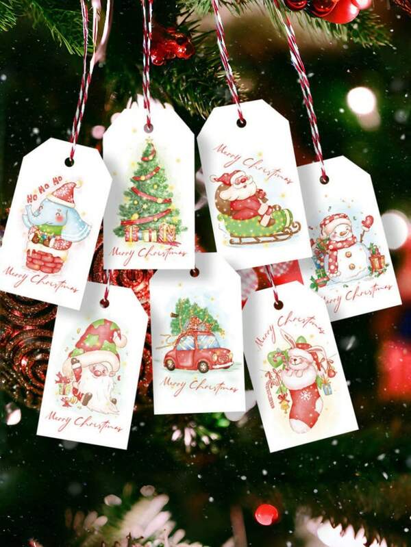 50 Stück exquisite Weihnachtsgeschenkanhänger, exquisite Weihnachtsgeschenkanhänger, Weihnachtsmann, Schneemann und 10 weitere exquisite Muster mit farbigen Seilen, für DIY Weihnachtsgeschenkverpackung, Stempel und Etiketten, Visitenkarten, geeignet für Winter Box DIY Basteleien