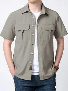 Lightweight Quick-Dry Plus Size Loose Men's Short Sleeve Shirt, Breathable Nylon, Casual Summer Outdoor Wear Sports - Khaki - View 2
